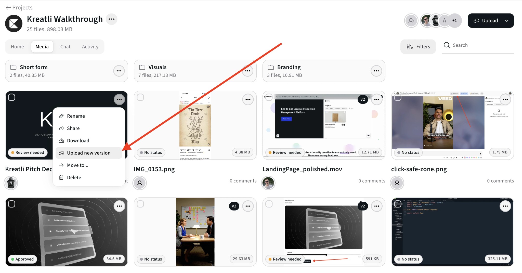 Open file menu and choose Upload new version in Kreatli Media view