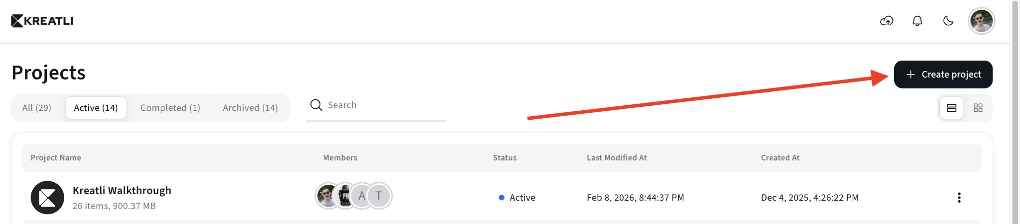 Kreatli projects dashboard showing active projects
