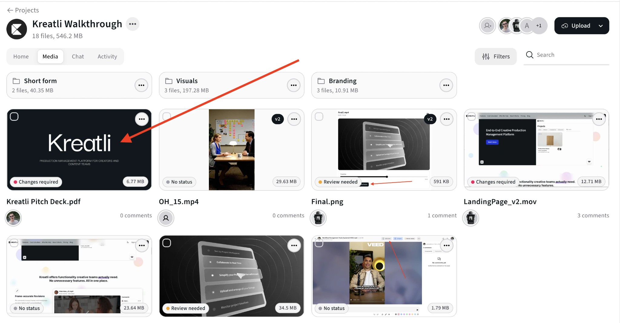 Kreatli Media view with PDF in project, open in review