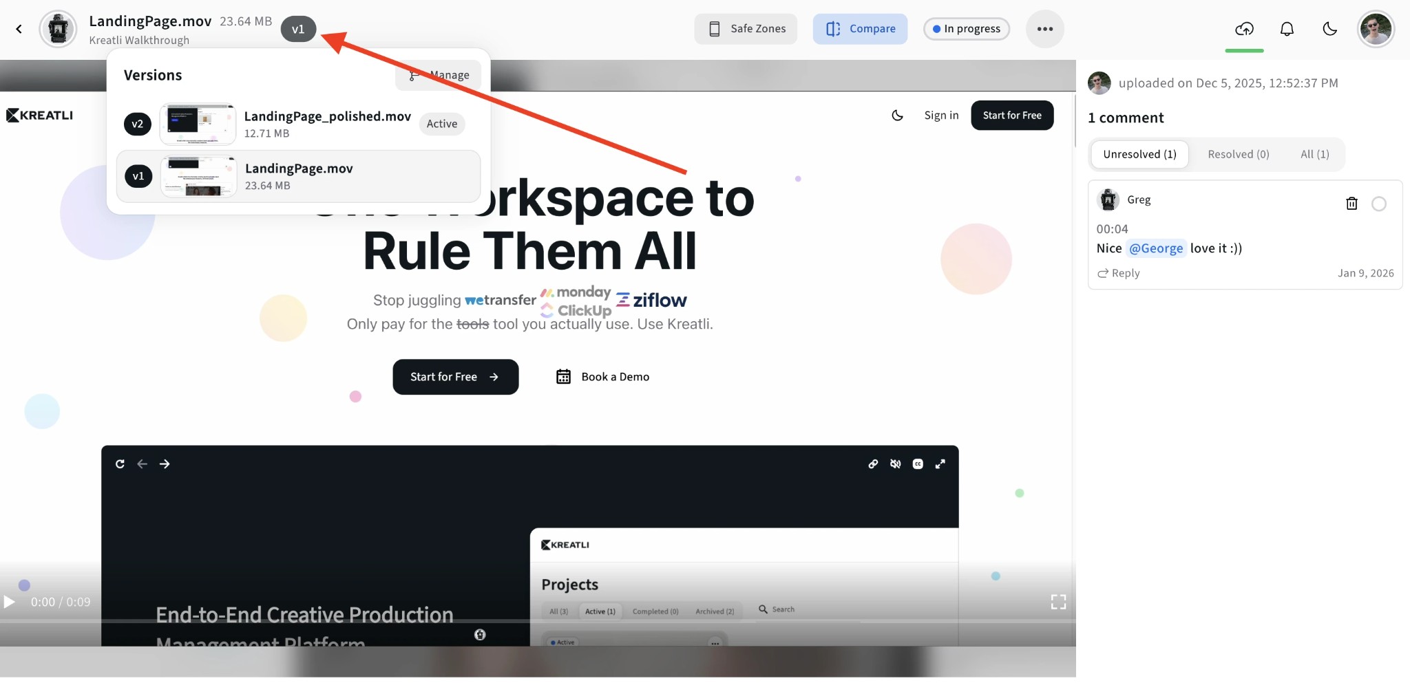 Versions panel with version list and Manage in Kreatli