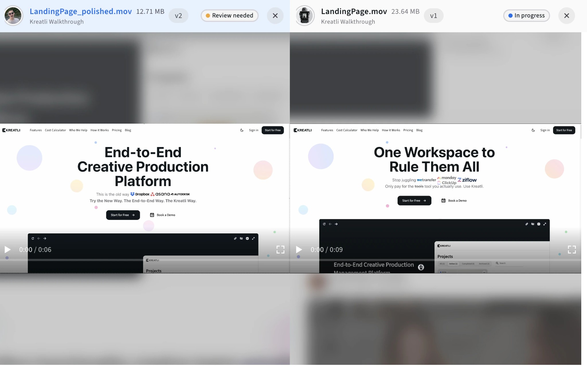 Compare two video versions side by side in Kreatli