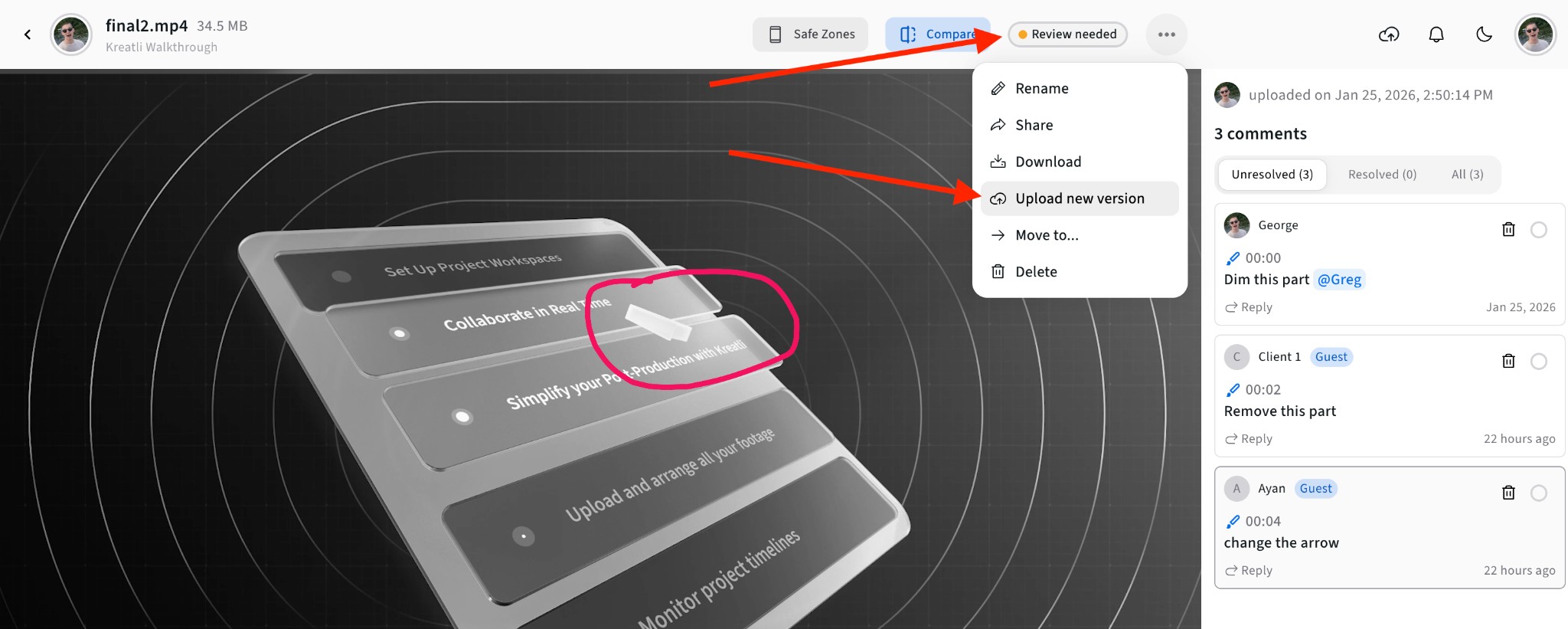 Track approvals and upload new version in Kreatli