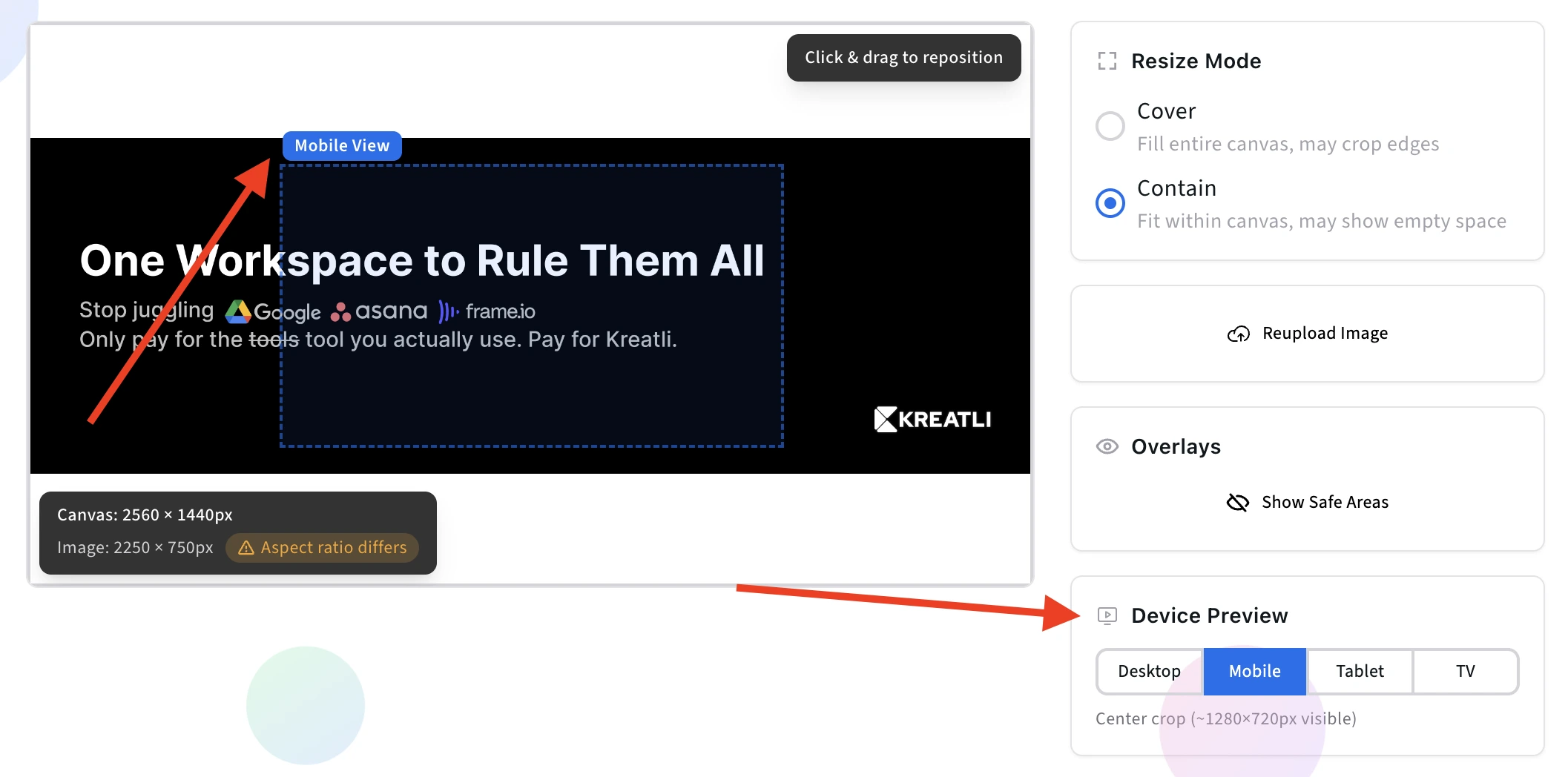 YouTube banner preview showing how channel art appears on desktop, mobile, tablet, and TV with safe zone indicators
