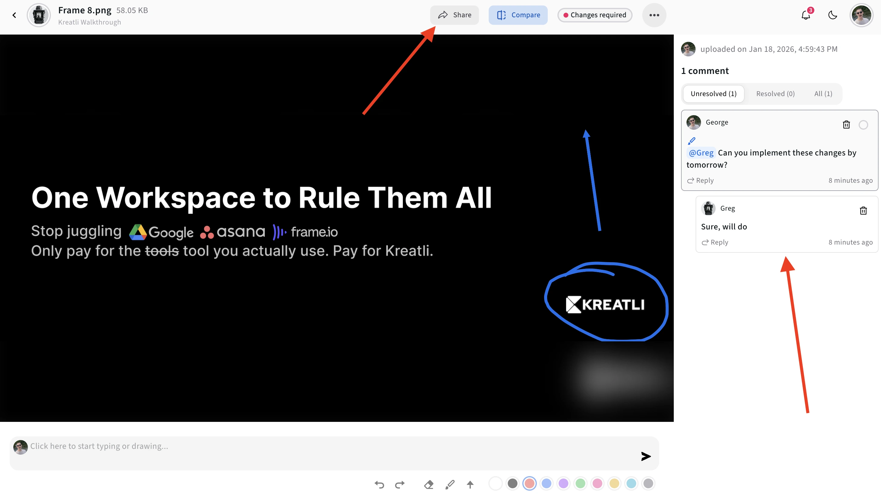 Kreatli platform interface showing banner upload and team collaboration features for reviewing YouTube channel art